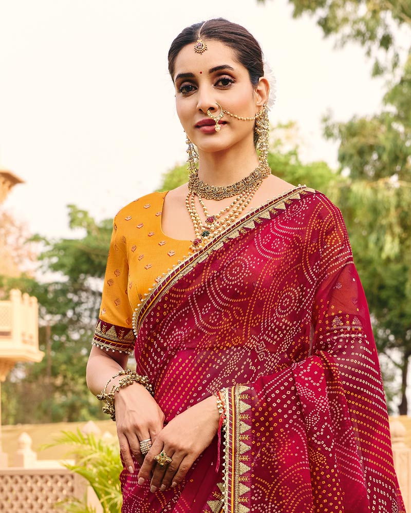 Vishal Prints Maroon Traditional Print Georgette Saree With Fancy Gota Patti Border