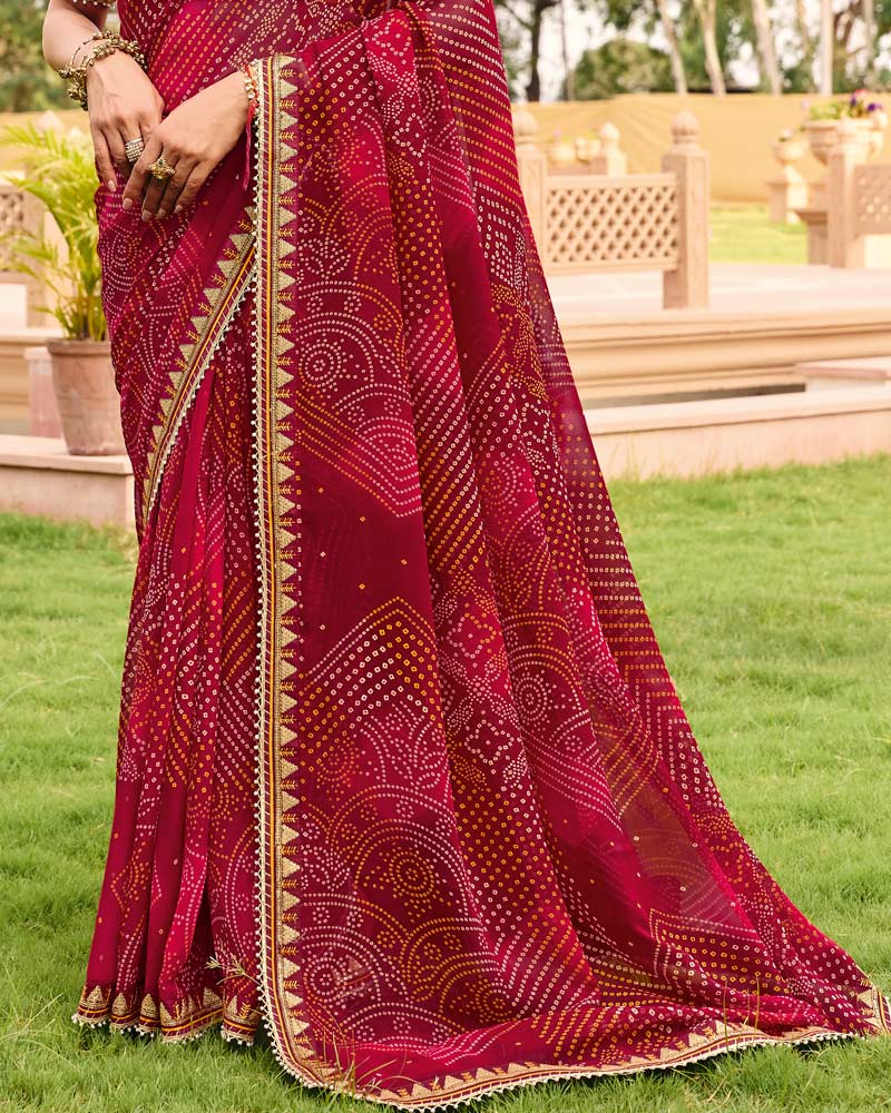 Vishal Prints Maroon Traditional Print Georgette Saree With Fancy Gota Patti Border