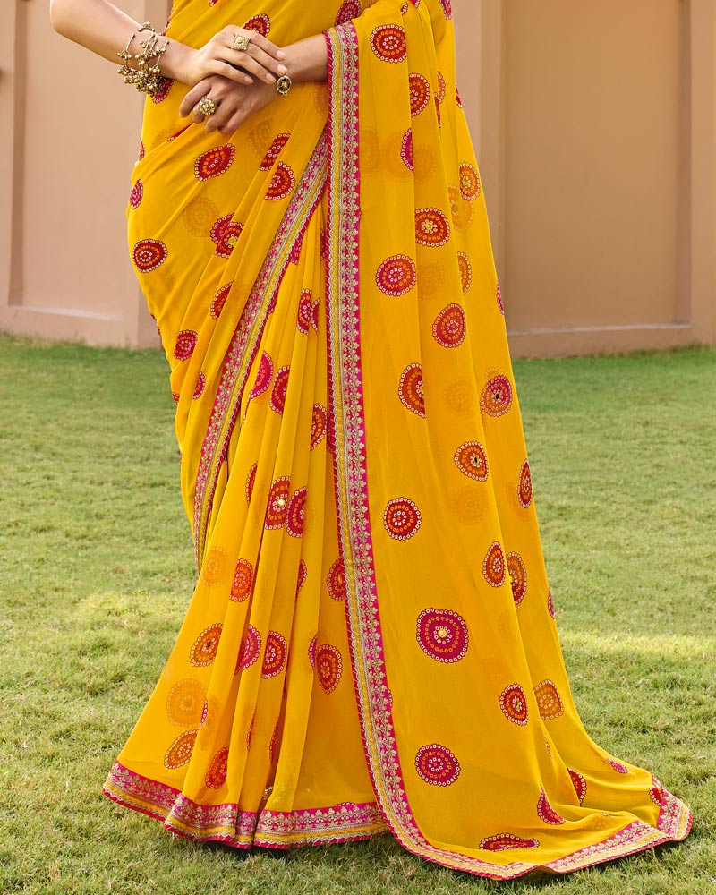 Vishal Prints Haldi Peela Traditional Print Georgette Saree With Fancy Gota Patti Border