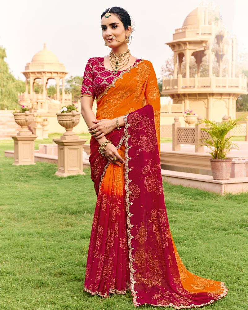 Vishal Prints Orange Maroon Traditional Print Georgette Saree With Fancy Cut Work Embroidery Border