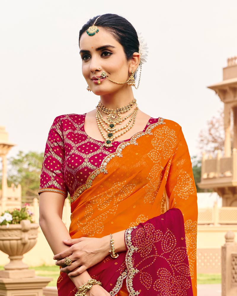 Vishal Prints Orange Maroon Traditional Print Georgette Saree With Fancy Cut Work Embroidery Border