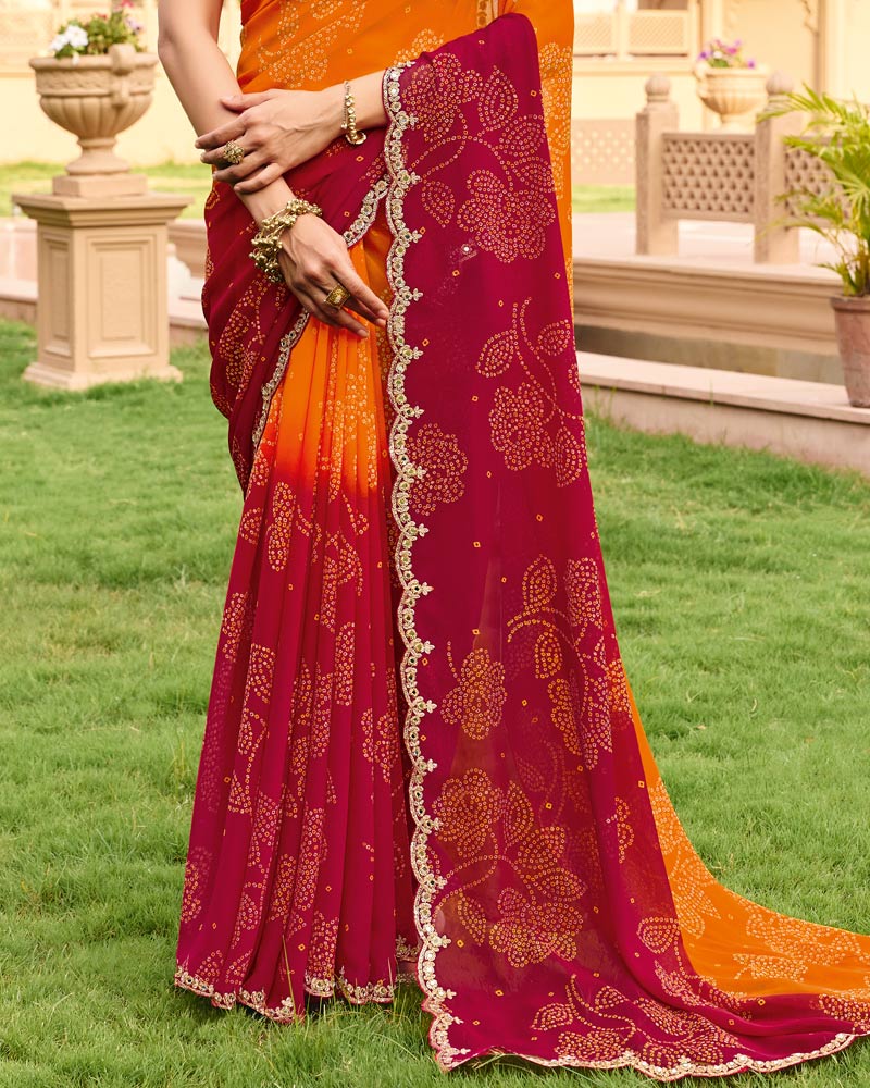 Vishal Prints Orange Maroon Traditional Print Georgette Saree With Fancy Cut Work Embroidery Border