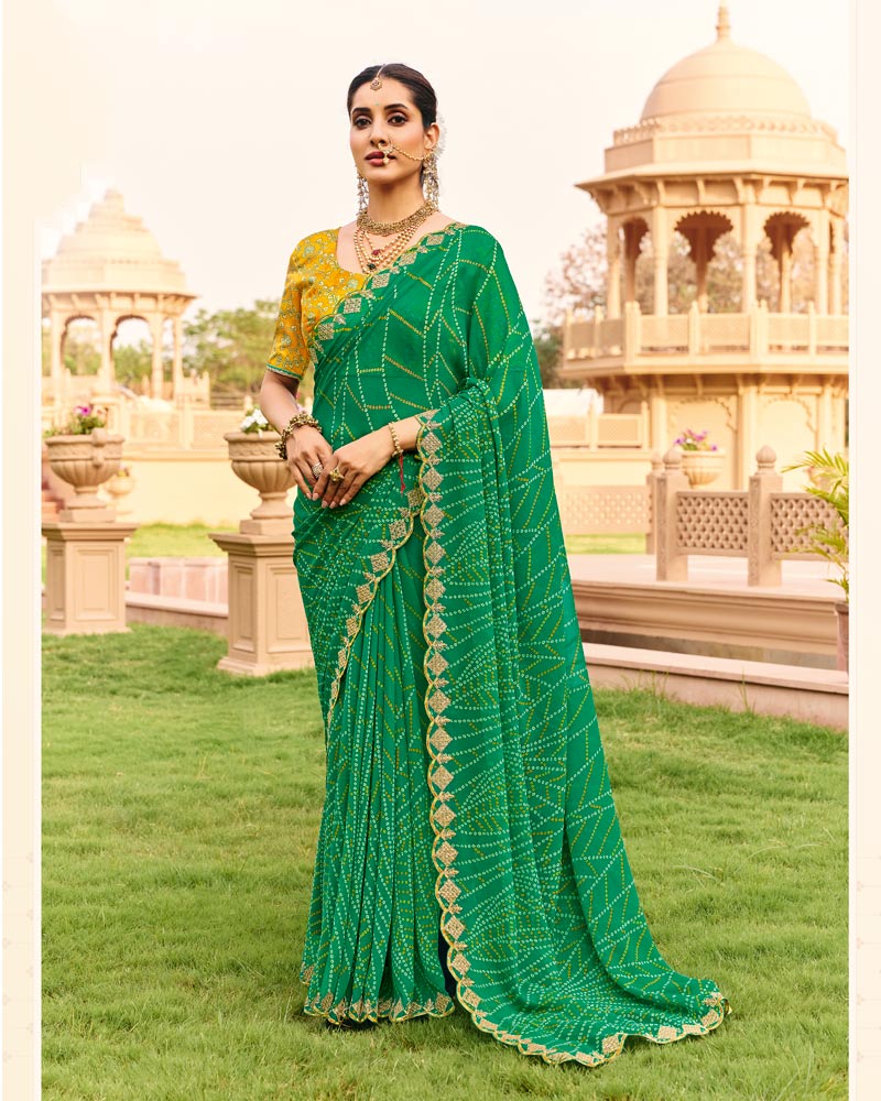 Vishal Prints Hariyali Green Traditional Print Georgette Saree With Fancy Cut Work Embroidery Border