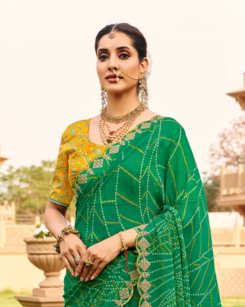 Vishal Prints Hariyali Green Traditional Print Georgette Saree With Fancy Cut Work Embroidery Border