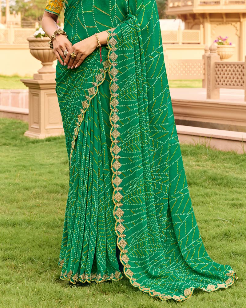 Vishal Prints Hariyali Green Traditional Print Georgette Saree With Fancy Cut Work Embroidery Border