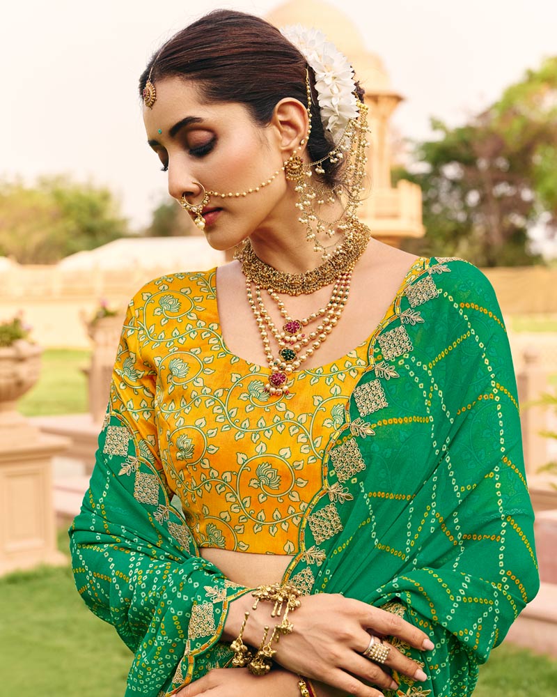 Vishal Prints Hariyali Green Traditional Print Georgette Saree With Fancy Cut Work Embroidery Border