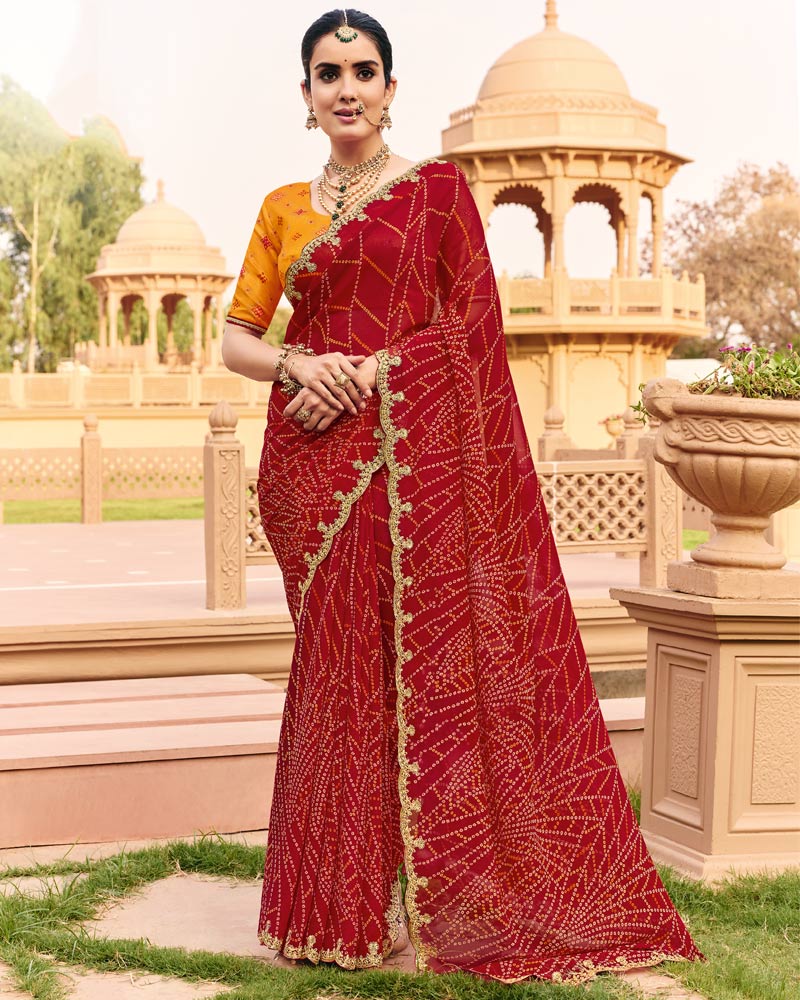 Vishal Prints Sindoori Red Traditional Print Georgette Saree With Fancy Cut Work Embroidery Border