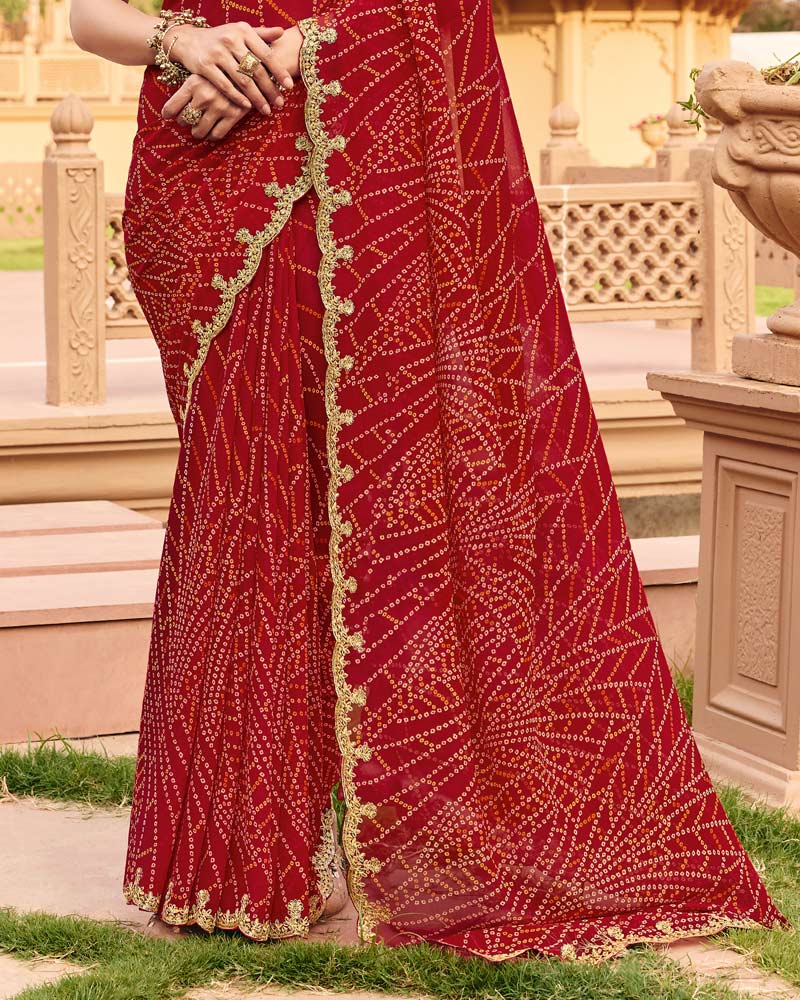 Vishal Prints Sindoori Red Traditional Print Georgette Saree With Fancy Cut Work Embroidery Border
