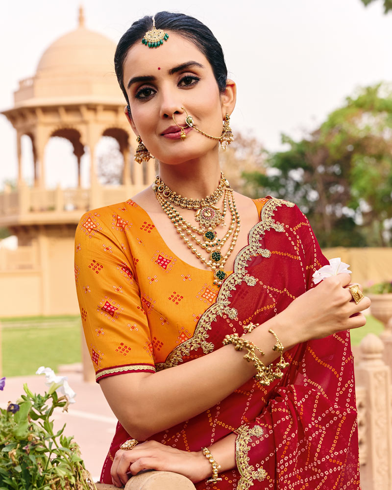 Vishal Prints Sindoori Red Traditional Print Georgette Saree With Fancy Cut Work Embroidery Border