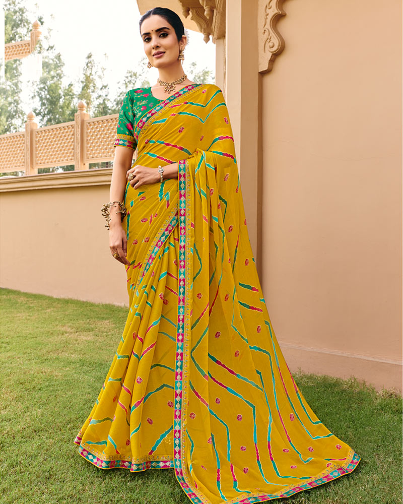 Vishal Prints Pitambar Yellow Traditional Print Chiffon Saree With Fancy Gota Patti Border