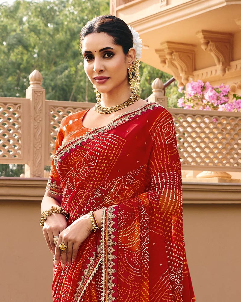 Vishal Prints Kumkum Red Traditional Print Georgette Saree With Fancy Gota Patti Border