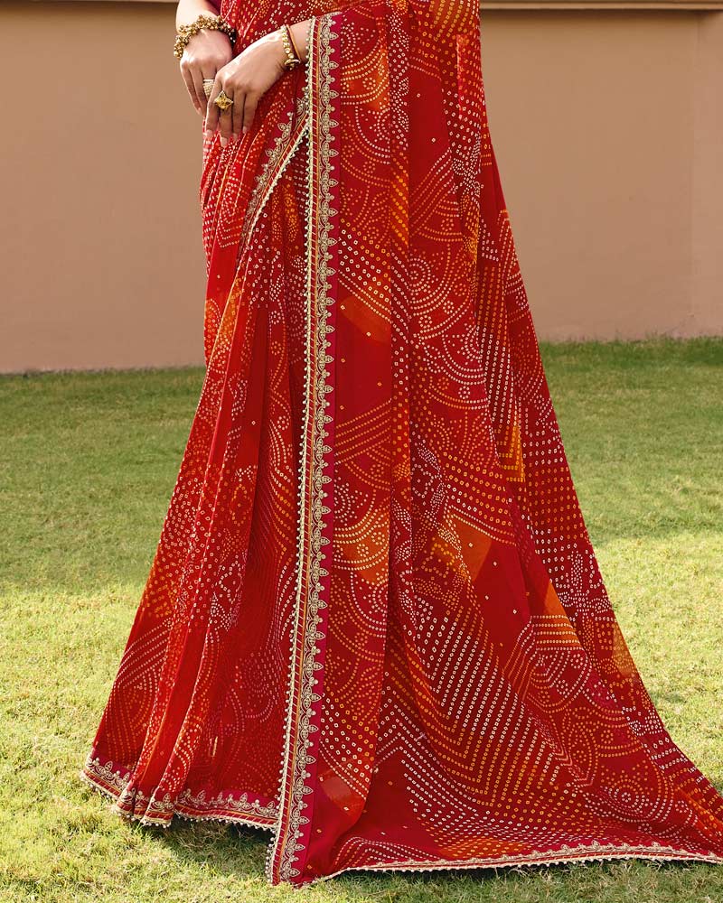 Vishal Prints Kumkum Red Traditional Print Georgette Saree With Fancy Gota Patti Border