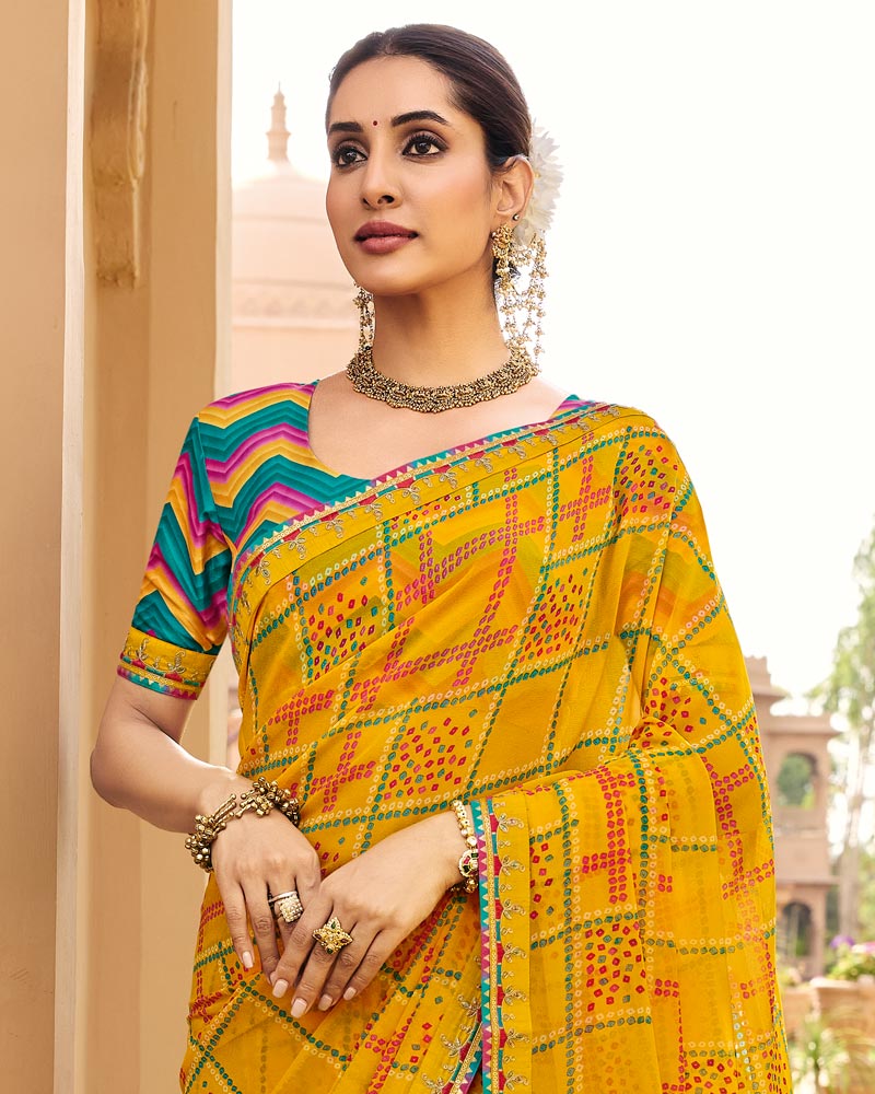 Vishal Prints Kesariya Peela Traditional Print Georgette Saree With Fancy Gota Patti Border