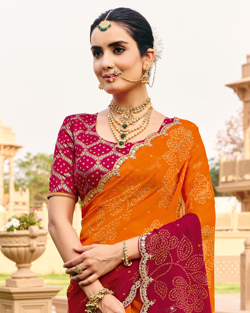 Vishal Prints Orange Maroon Traditional Print Georgette Saree With Fancy Cut Work Embroidery Border