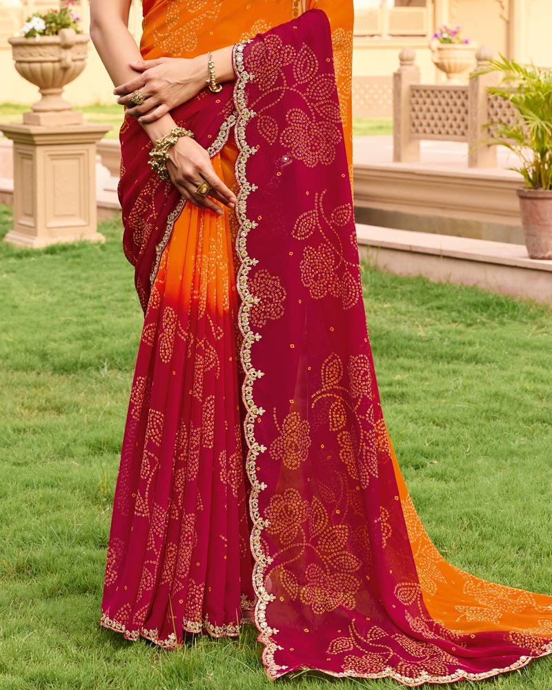 Vishal Prints Orange Maroon Traditional Print Georgette Saree With Fancy Cut Work Embroidery Border