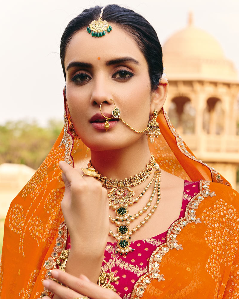 Vishal Prints Orange Maroon Traditional Print Georgette Saree With Fancy Cut Work Embroidery Border