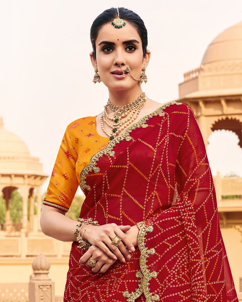Vishal Prints Sindoori Red Traditional Print Georgette Saree With Fancy Cut Work Embroidery Border