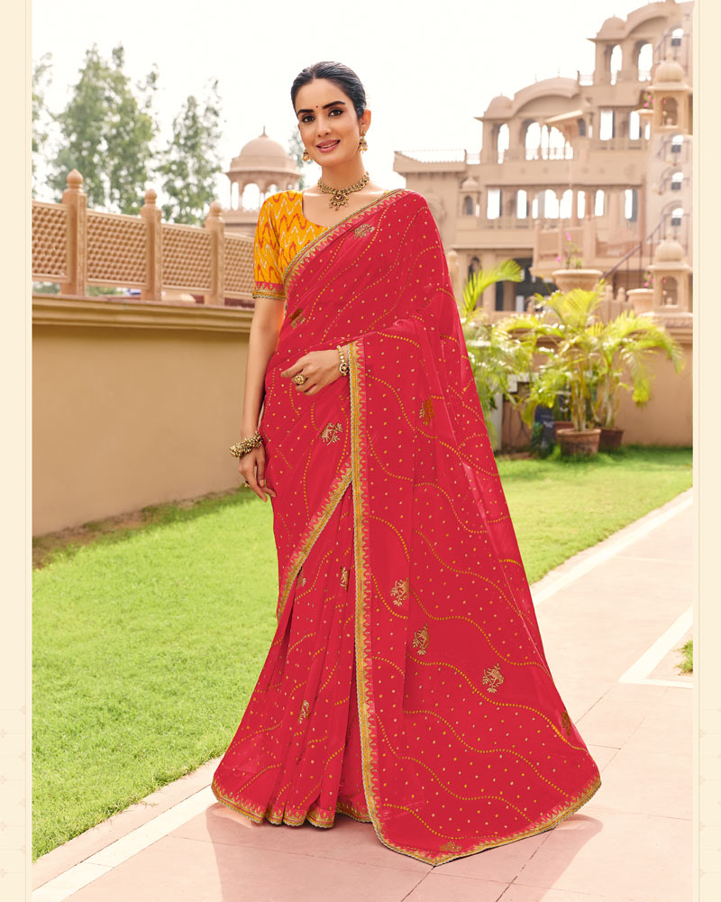 Vishal Prints Pinkish Red Traditional Print Georgette Saree With Fancy Gota Patti Border
