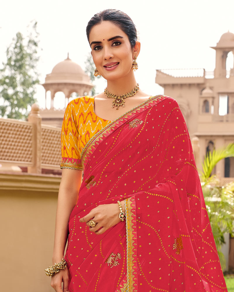 Vishal Prints Pinkish Red Traditional Print Georgette Saree With Fancy Gota Patti Border
