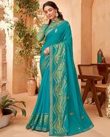 Vishal Prints Dark Turquoise Blue Georgette Saree With Foil Print And Zari Border