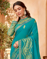 Vishal Prints Dark Turquoise Blue Georgette Saree With Foil Print And Zari Border