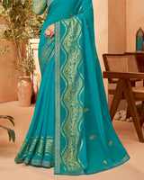 Vishal Prints Dark Turquoise Blue Georgette Saree With Foil Print And Zari Border