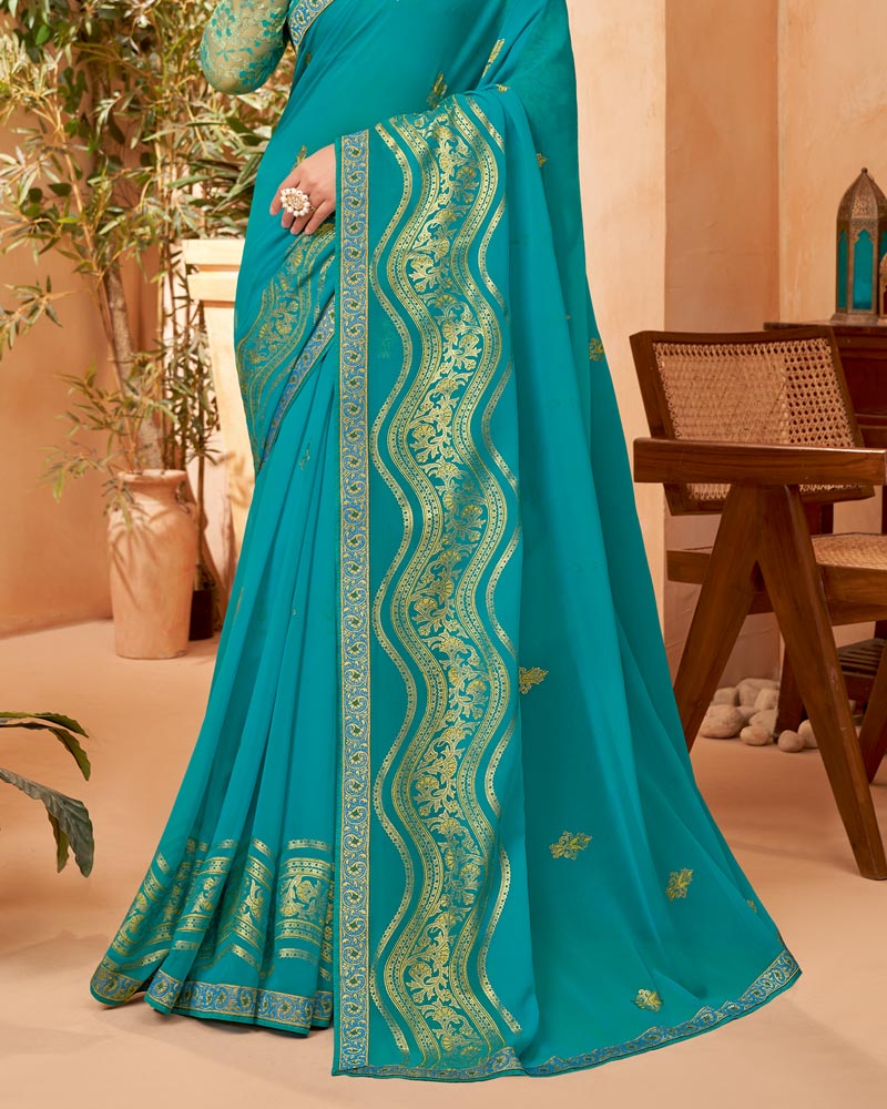 Vishal Prints Dark Turquoise Blue Georgette Saree With Foil Print And Zari Border