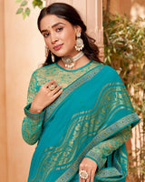 Vishal Prints Dark Turquoise Blue Georgette Saree With Foil Print And Zari Border