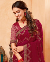 Vishal Prints Burgundy Georgette Saree With Foil Print And Zari Border