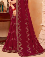 Vishal Prints Burgundy Georgette Saree With Foil Print And Zari Border