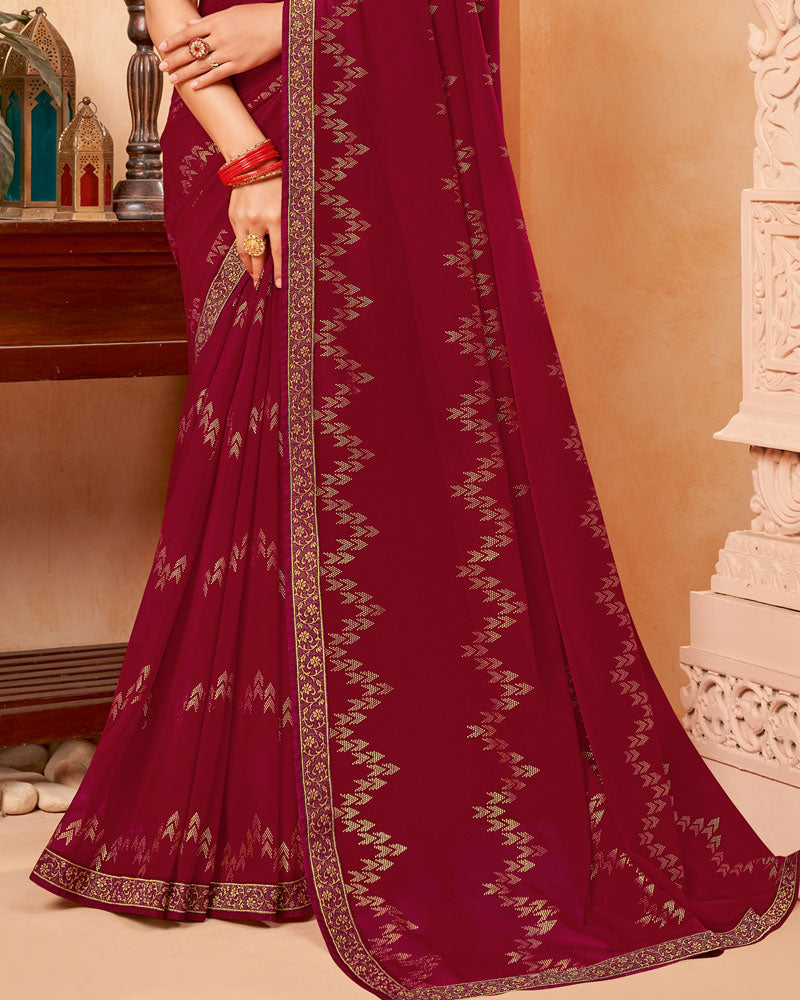 Vishal Prints Burgundy Georgette Saree With Foil Print And Zari Border