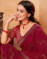 Vishal Prints Burgundy Georgette Saree With Foil Print And Zari Border