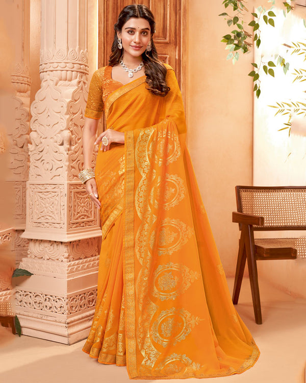 Vishal Prints Yellowish Orange Georgette Saree With Foil Print And Zari Border