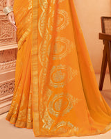 Vishal Prints Yellowish Orange Georgette Saree With Foil Print And Zari Border