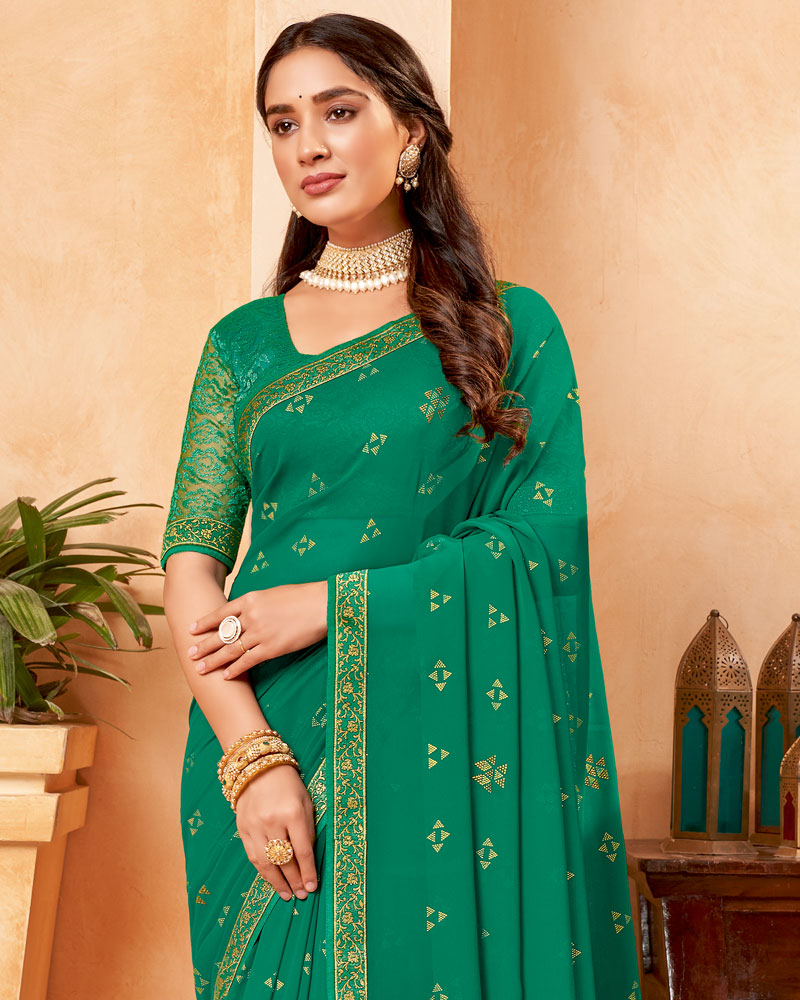 Vishal Prints Deep Sea Green Georgette Saree With Foil Print And Zari Border