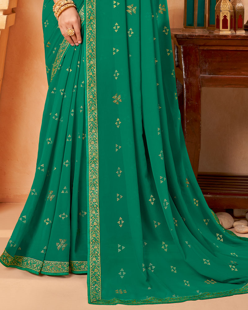 Vishal Prints Deep Sea Green Georgette Saree With Foil Print And Zari Border