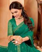Vishal Prints Deep Sea Green Georgette Saree With Foil Print And Zari Border