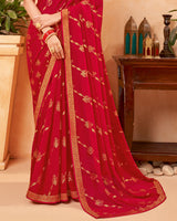 Vishal Prints Cherry Red Georgette Saree With Foil Print And Zari Border