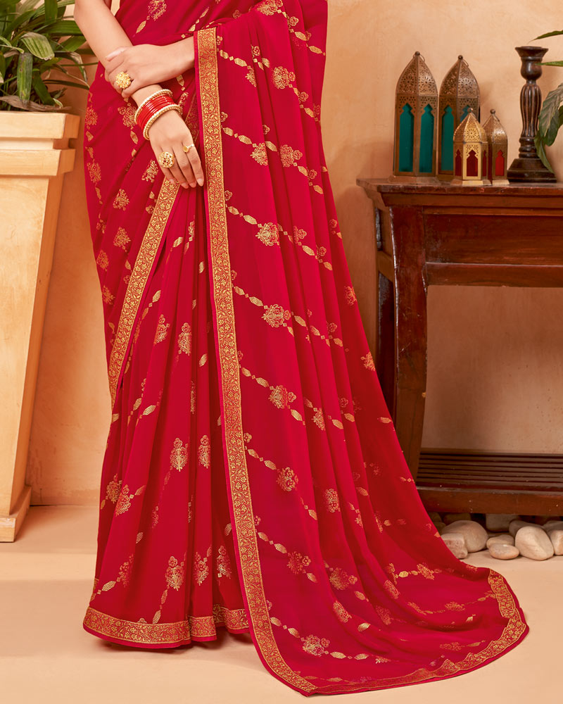 Vishal Prints Cherry Red Georgette Saree With Foil Print And Zari Border
