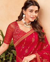 Vishal Prints Cherry Red Georgette Saree With Foil Print And Zari Border