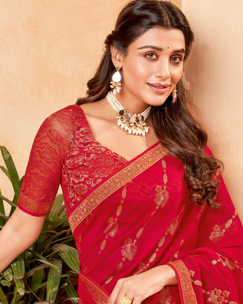 Vishal Prints Cherry Red Georgette Saree With Foil Print And Zari Border