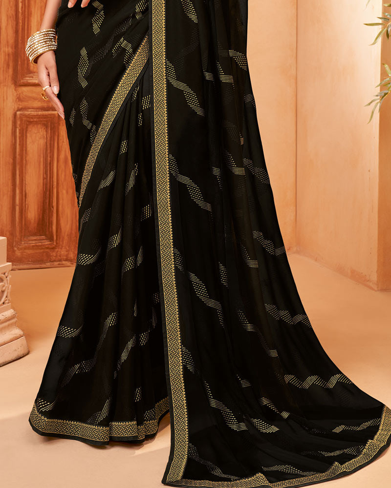 Vishal Prints Black Georgette Saree With Foil Print And Zari Border