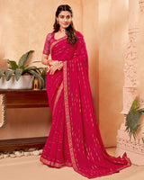 Vishal Prints Pinkish Red Georgette Saree With Foil Print And Zari Border