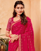 Vishal Prints Pinkish Red Georgette Saree With Foil Print And Zari Border