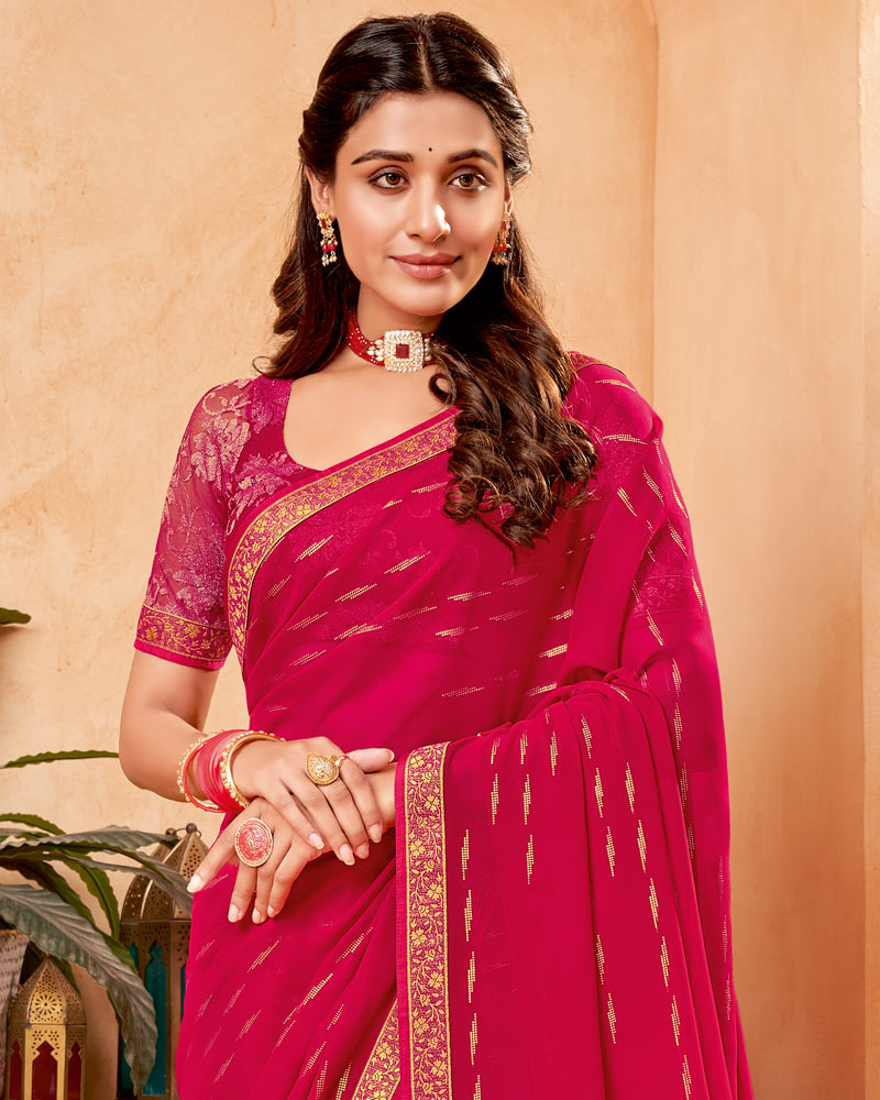 Vishal Prints Pinkish Red Georgette Saree With Foil Print And Zari Border