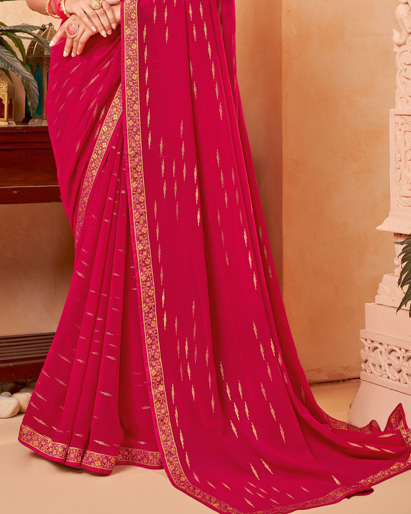 Vishal Prints Pinkish Red Georgette Saree With Foil Print And Zari Border