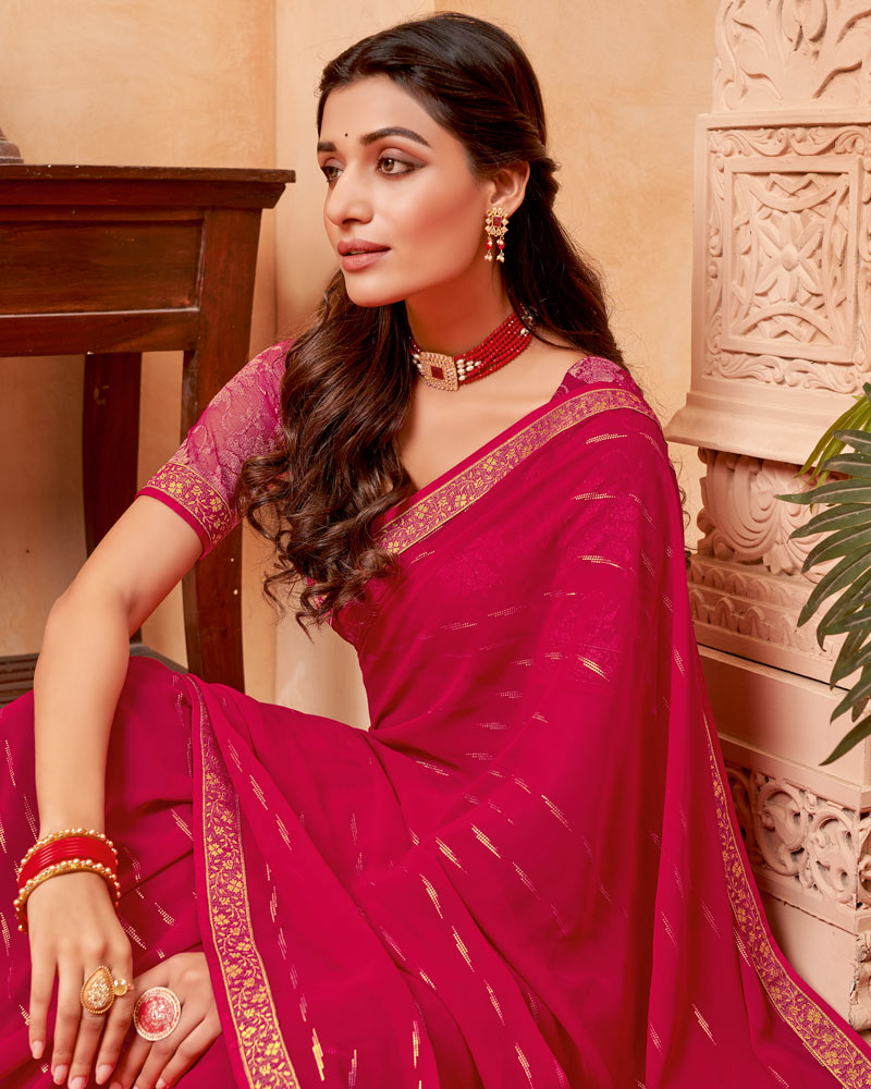 Vishal Prints Pinkish Red Georgette Saree With Foil Print And Zari Border