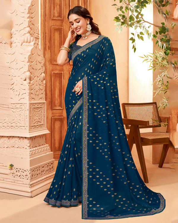 Vishal Prints Peacock Blue Georgette Saree With Foil Print And Zari Border