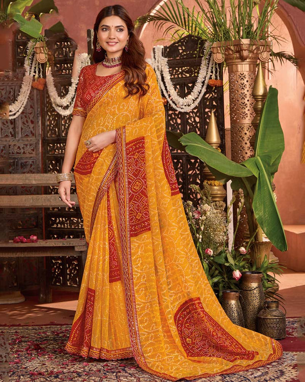 Vishal Prints Yellowish Orange Bandhani Print Patterned Fancy Chiffon Saree With Printed Cut Work Border