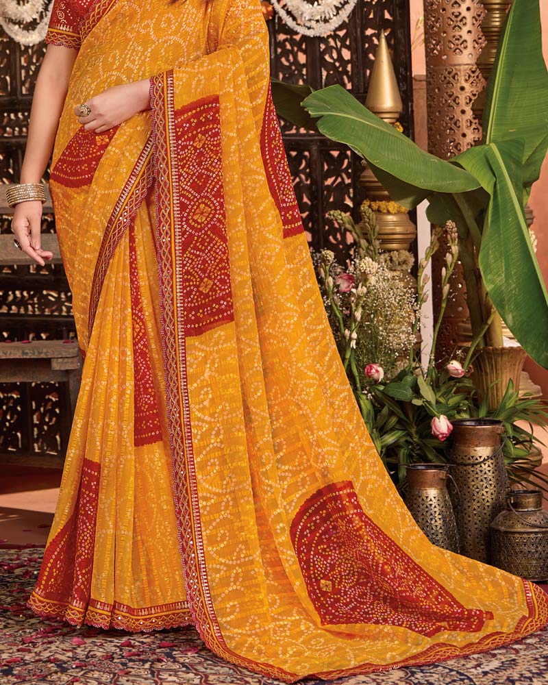 Vishal Prints Yellowish Orange Bandhani Print Patterned Fancy Chiffon Saree With Printed Cut Work Border